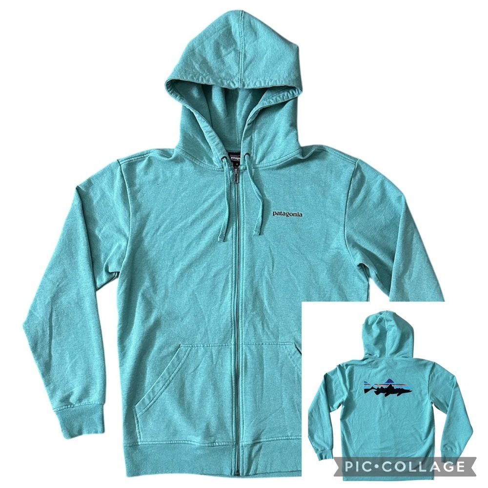 Patagonia Men's Fitz Roy Trout Midweight Full Zip Hoodie Sweatshirt Blue Medium
